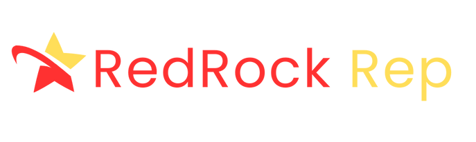 Logo of RedRock Rep, red text and star, with a yellow star and a yellow 