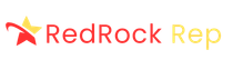 Logo of RedRock Rep, red text and star, with a yellow star and a yellow 