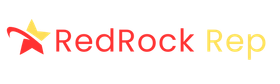 Logo of RedRock Rep, red text and star, with a yellow star and a yellow 