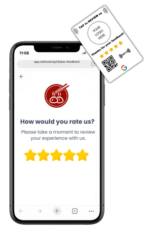 Smartphone displaying a restaurant Google reviews with an NFC card to leave a review and a custom logo on the card