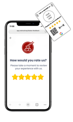Smartphone displaying a customer review page, with a card for feedback with logo and QR code.