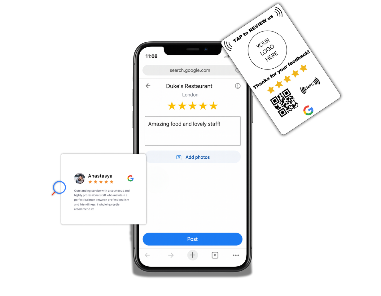 Smartphone displaying a restaurant review with a QR code card to leave a review.