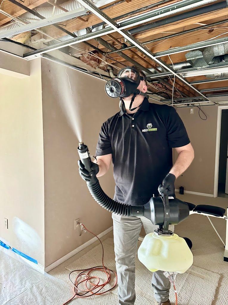 Man in protective gear sprays liquid in a room; beige walls, exposed ceiling, and carpet.