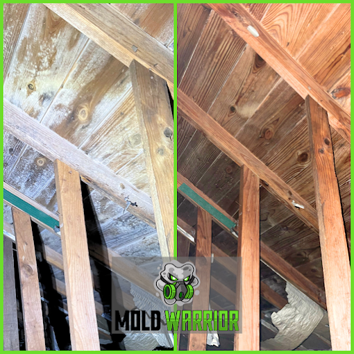 Before and after of mold removal from an attic's wood structure. Brown wood before, mostly clean after.
