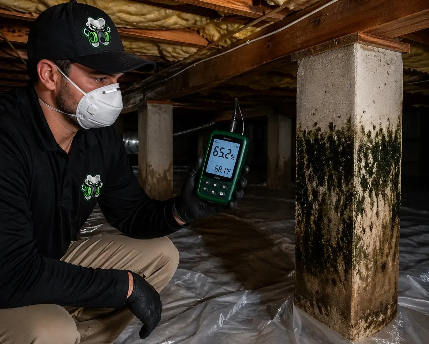 A man in a protective suit and mask is cleaning a wall.