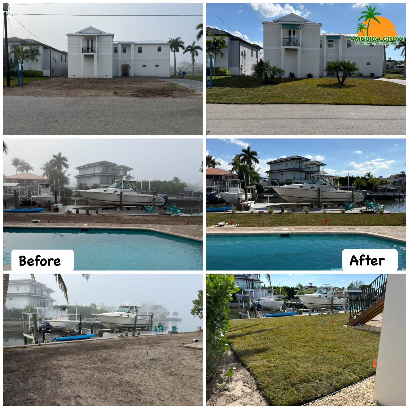 Six images: property before and after landscaping with grass and a pool, near a canal.