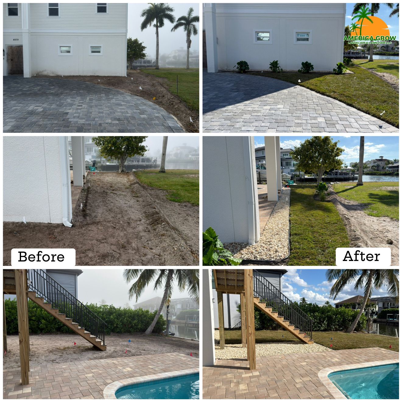 Before and after photos of a house with landscaping; pathway and garden improvements.