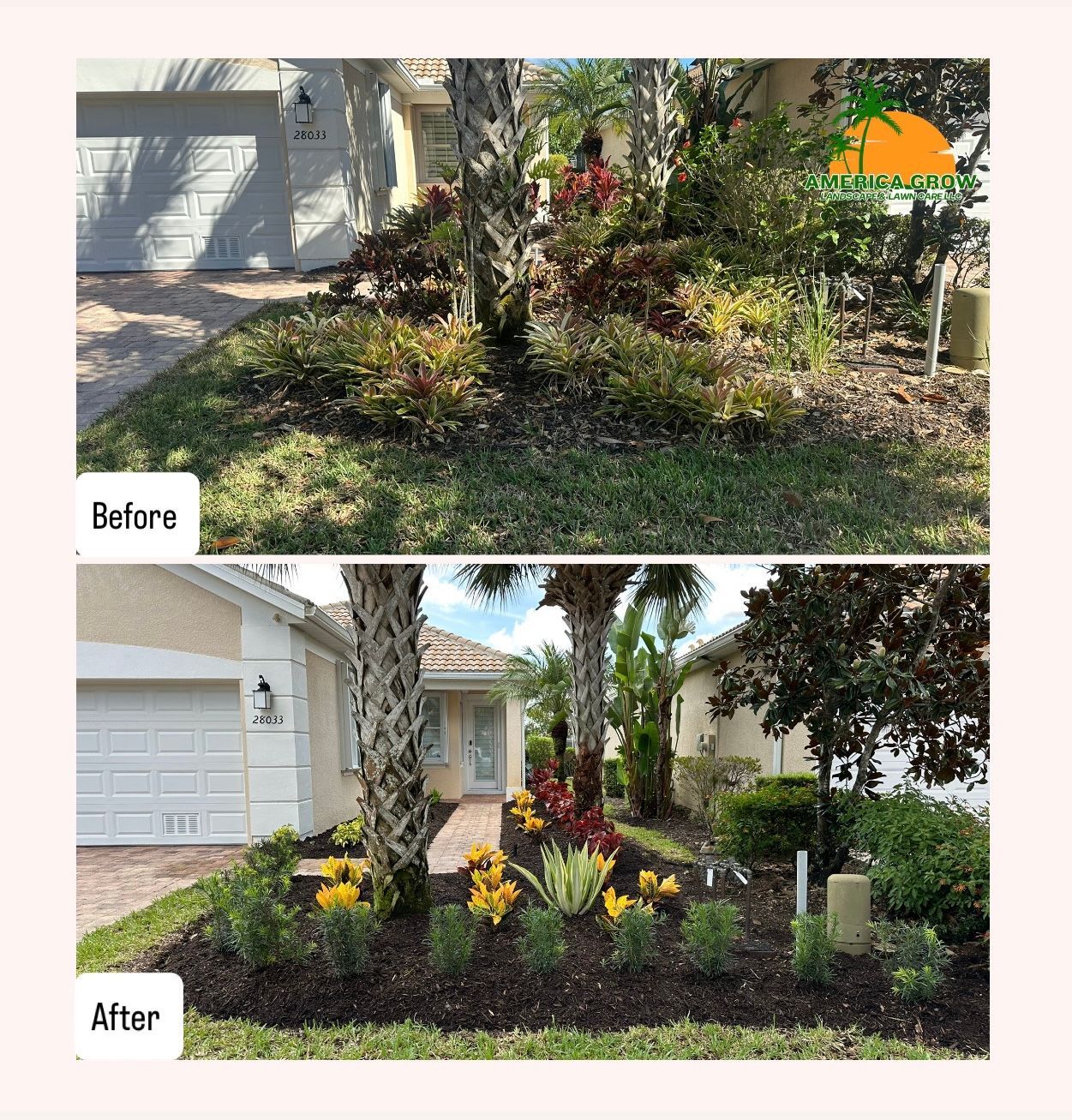 Before and after landscaping of a house. The after shows a refreshed garden with flowers.