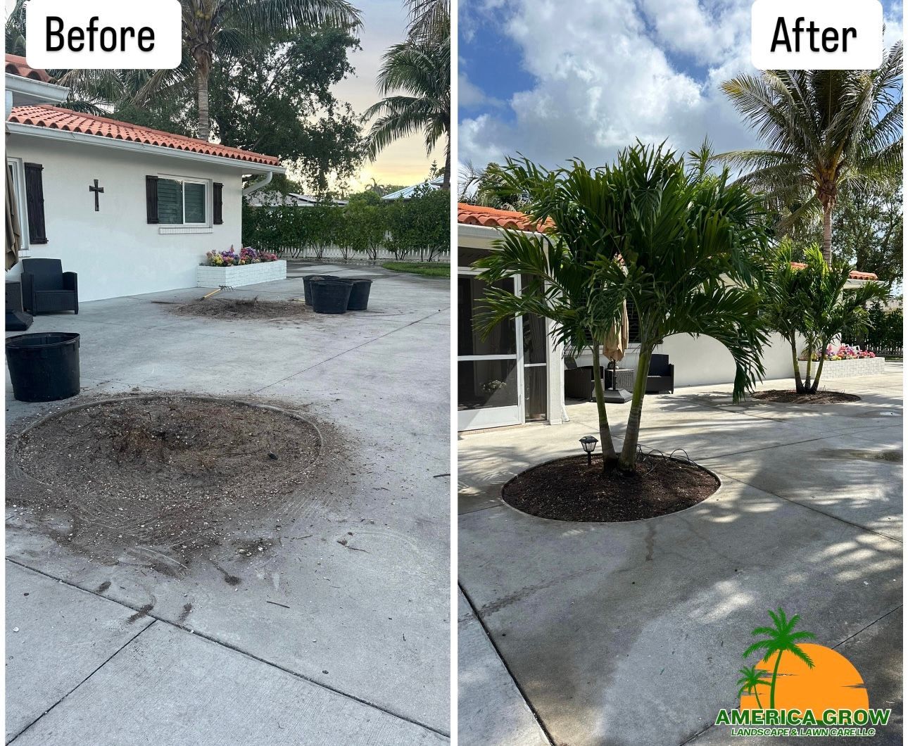 Before/after backyard landscaping: gravel and containers transformed into a mulched area with trees on concrete.