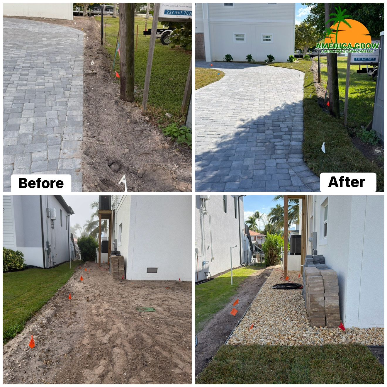 Before-and-after photos of landscaping work: driveway and side yard paved with stone, bordered with greenery and gravel.