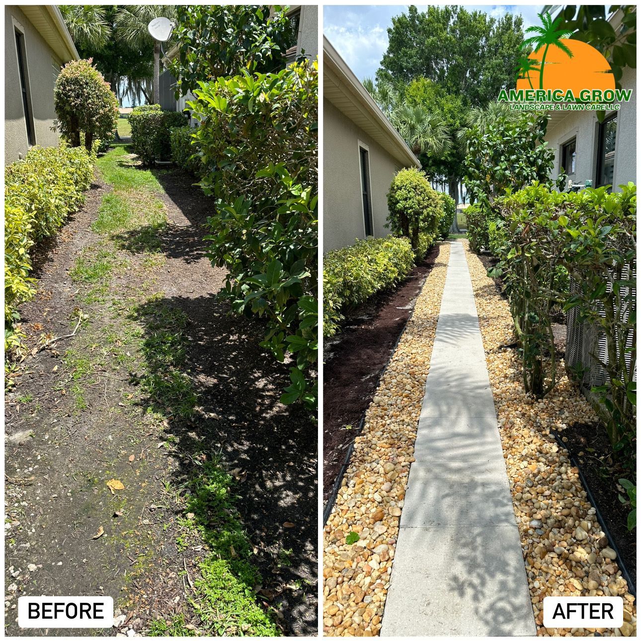 Before-and-after of a walkway landscape. Overgrown area transformed with stone border. Green shrubs flank the path.