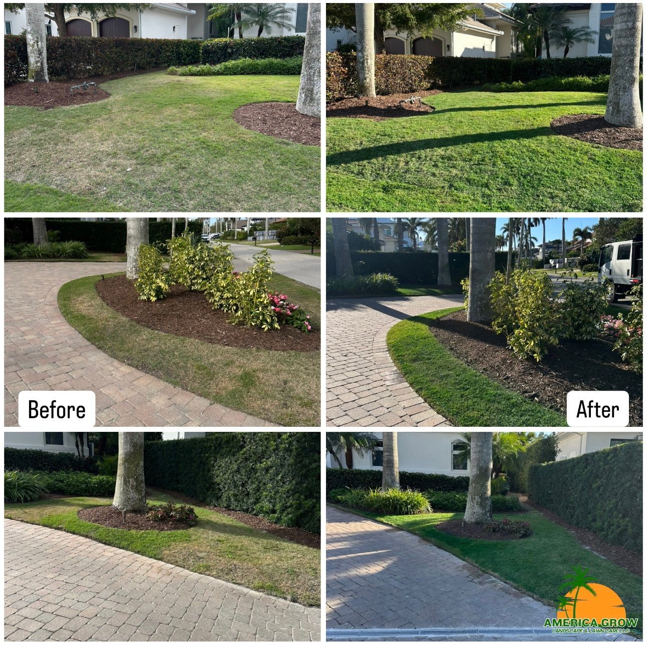 Side-by-side landscaping comparison: before and after shots of lawns, hedges, and flowerbeds with mulch.