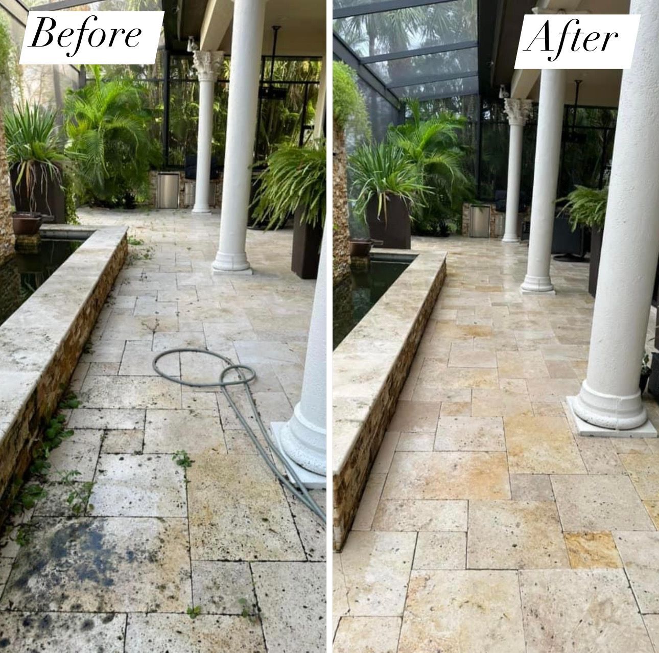 Before and after of cleaning patio
