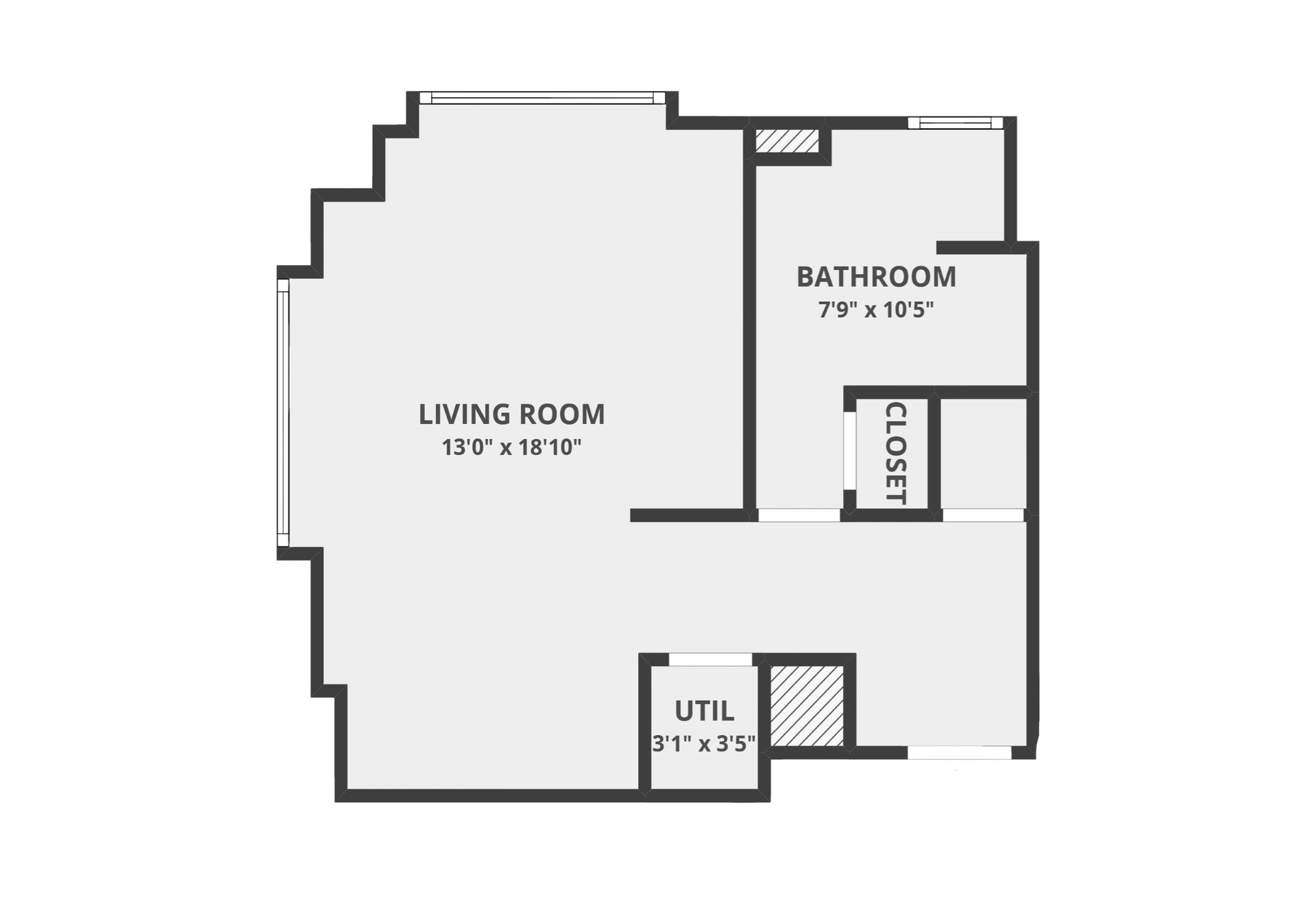 Floor plan of a small apartment: Living room, bathroom, closet, and utility area.