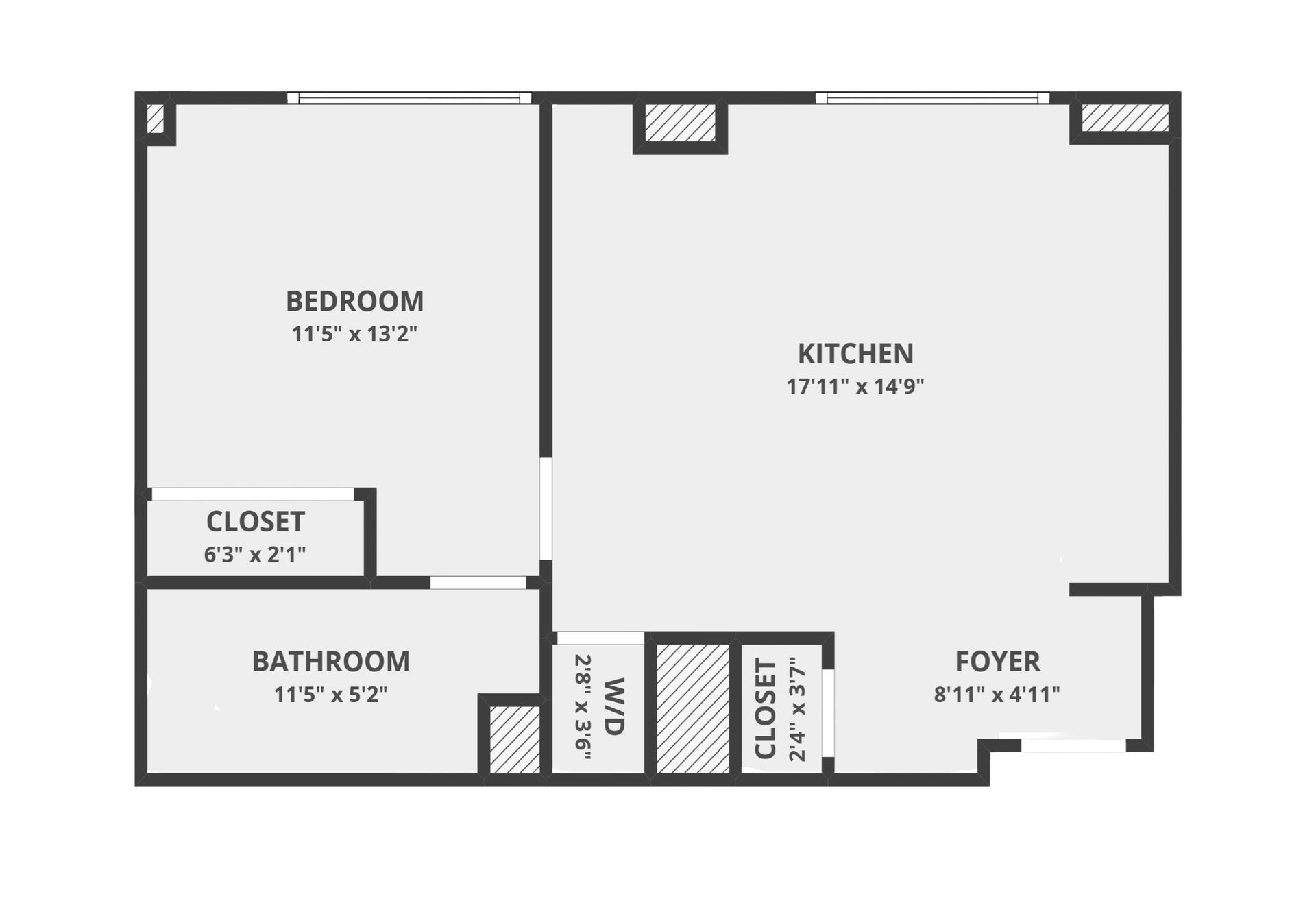 Floor plan of an apartment with a bedroom, kitchen, bathroom, closet, and foyer.