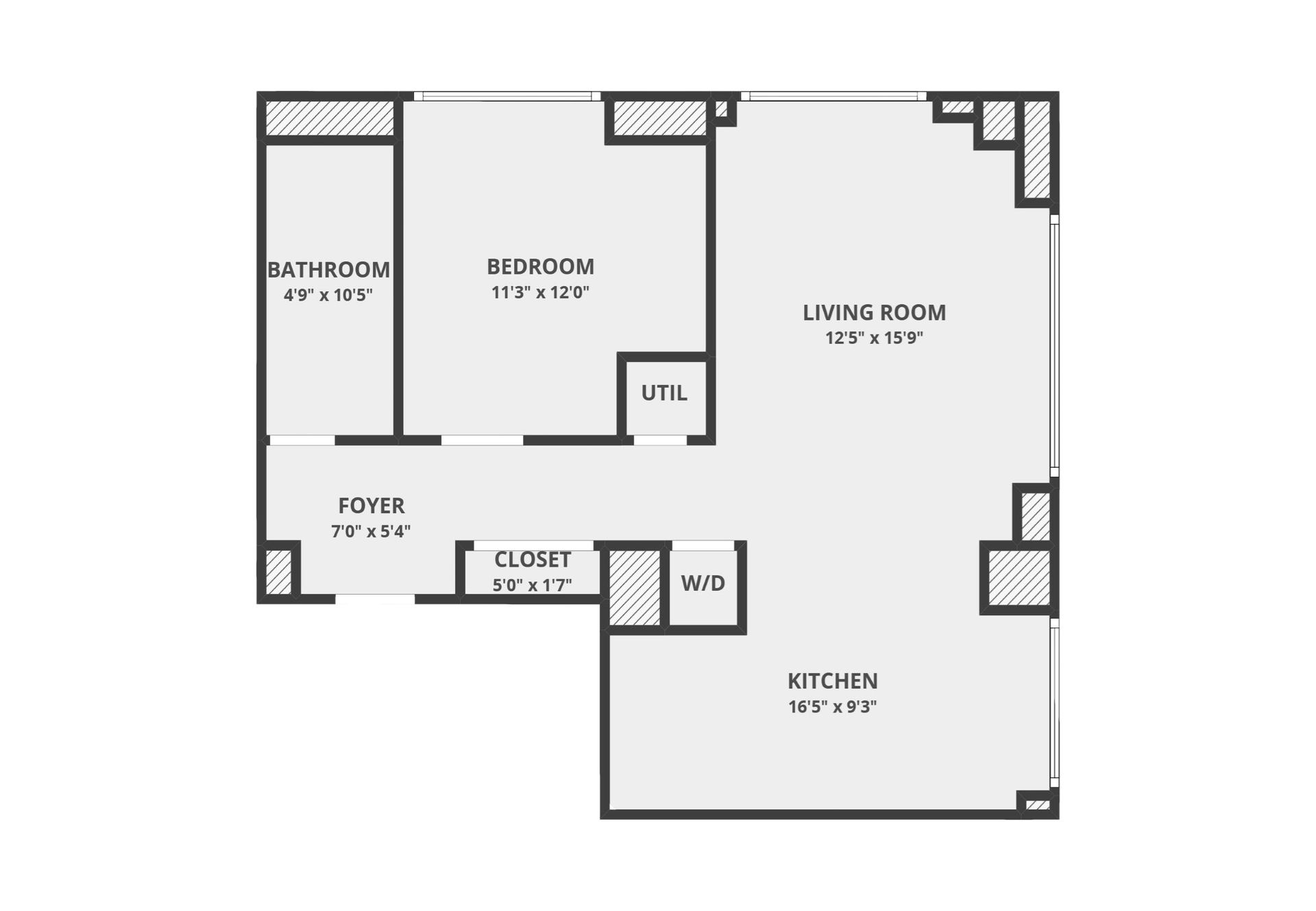 Floor plan of an apartment with a bathroom, bedroom, living room, kitchen, and a utility area.