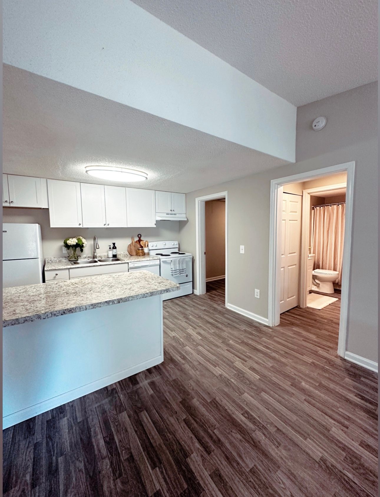 Photo of a kitchen showing an open door to a bathroom