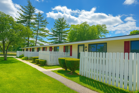 Row of light yellow townhouses with white picket fence, green grass, and blue sky.
