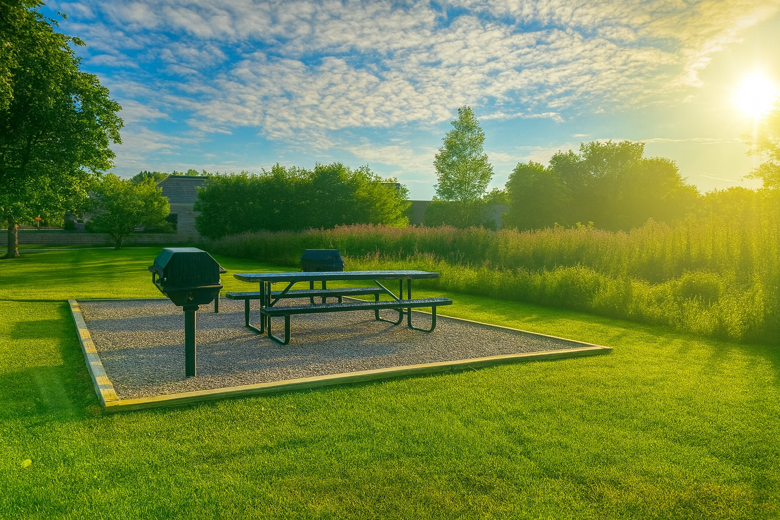 Picnic area with grill, table, and benches on gravel surrounded by green grass and trees, sunny day.