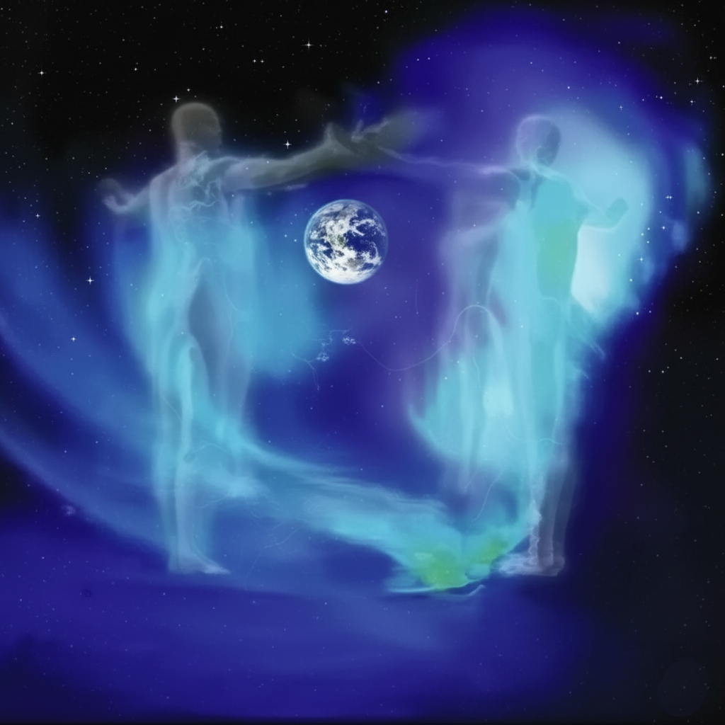 Dos figuras humanas translúcidas se abrazan alrededor de una Tierra brillante, en un espacio azul lleno de estrellas.