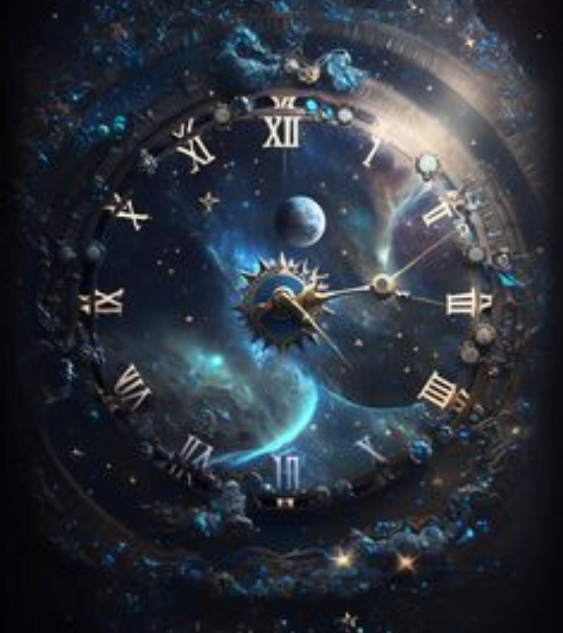 Esfera de reloj con cielo de nebulosa, planetas y números romanos.