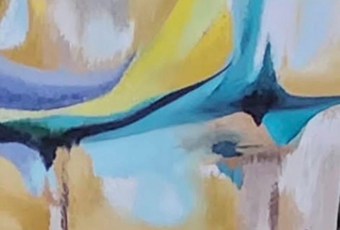 Cuadro abstracto en azul, turquesa, amarillo y marrón, con pinceladas fluidas y difusas.