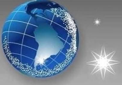 Globo azul con líneas de cuadrícula blancas, rodeado de puntos blancos, al lado de una estrella.