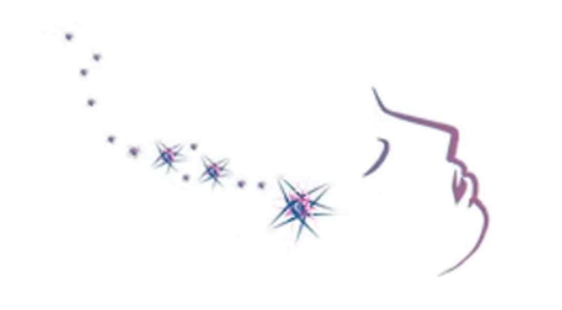 Silueta de una persona con estrellas emanando de su cara, de color morado y azul.