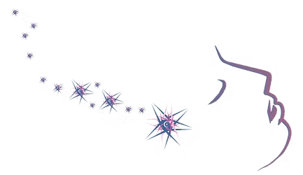 Silueta de un rostro exhalando estrellas, degradado de morado y azul.