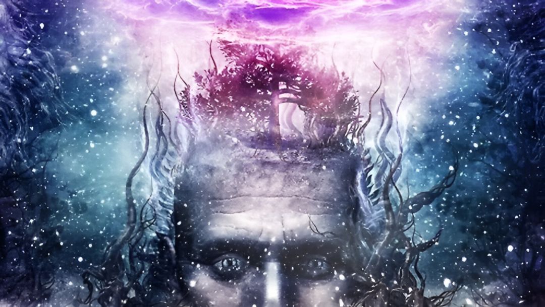 Ilustración abstracta de un rostro con ojos brillantes, rodeado de imágenes cósmicas y un aura púrpura.