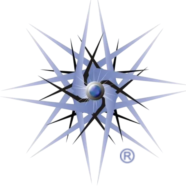 Patrón de estrella azul y negro con una esfera central.