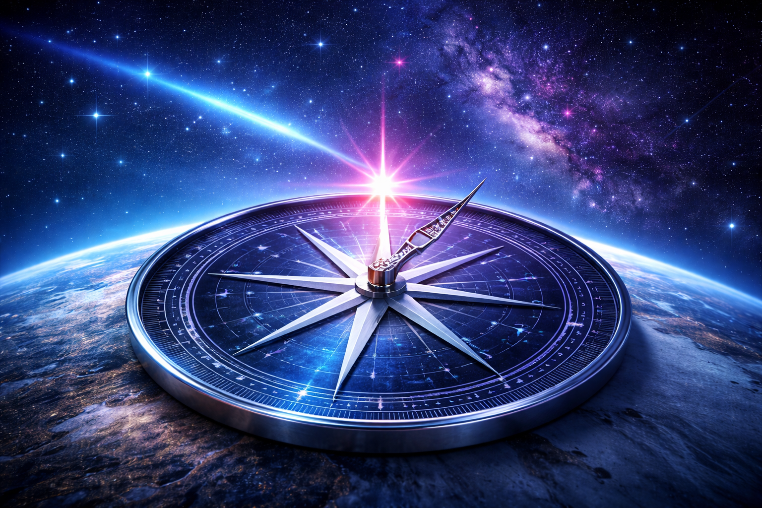 Brújula flotando en el espacio, apuntando hacia una luz brillante con la Tierra y la Vía Láctea de fondo.