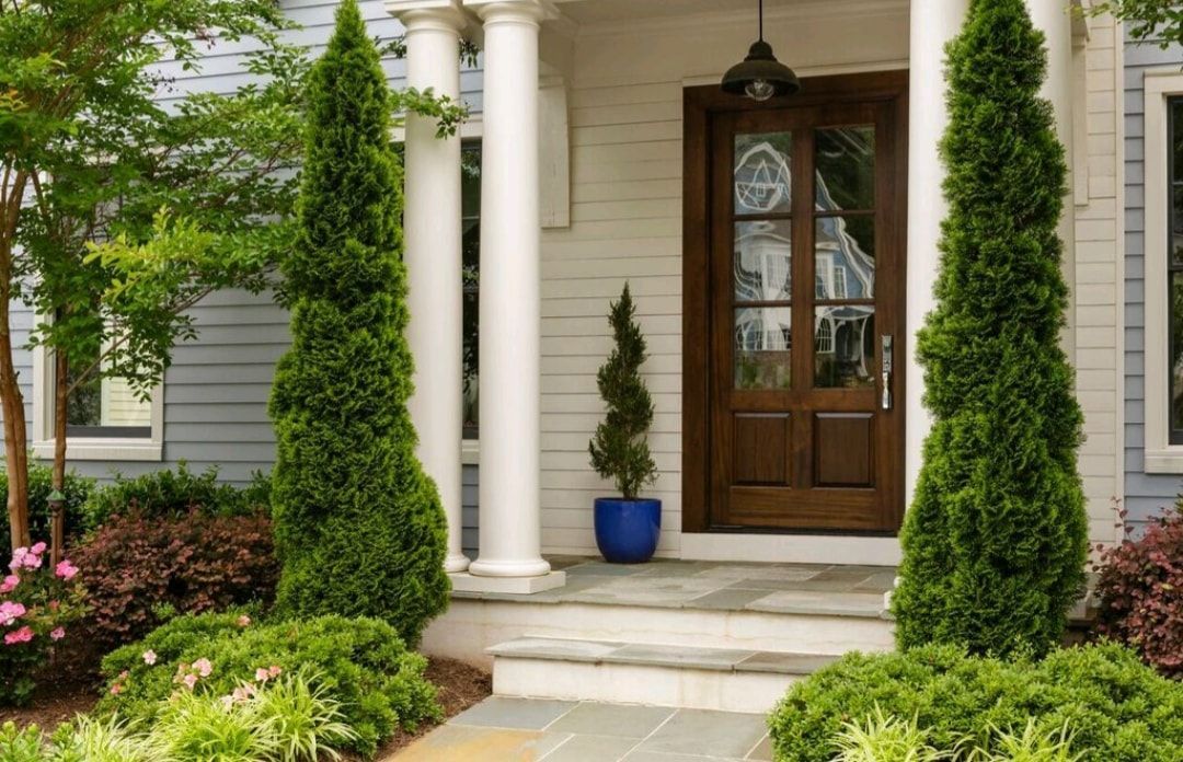Front porch with white columns, wooden door, potted plant, and manicured shrubs and flowers