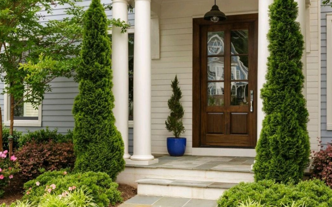 Front porch with white columns, wooden door, potted topiary, and lush green landscaping.