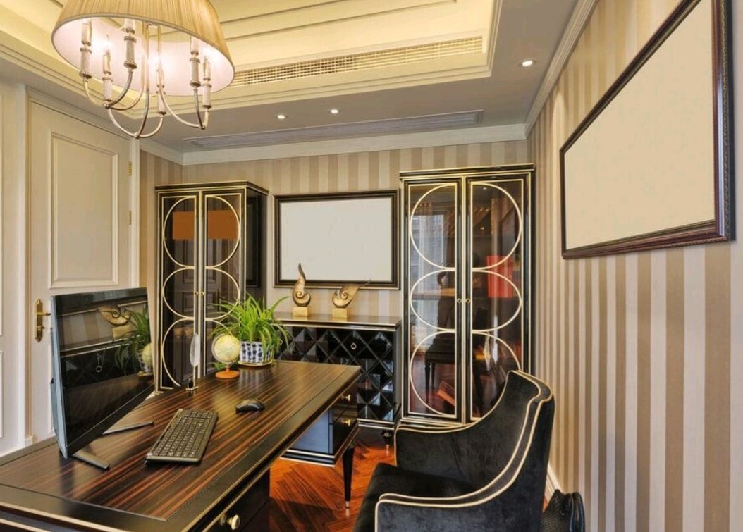 Elegant home office with dark wood desk, black chairs, mirrored cabinets, and striped wallpaper