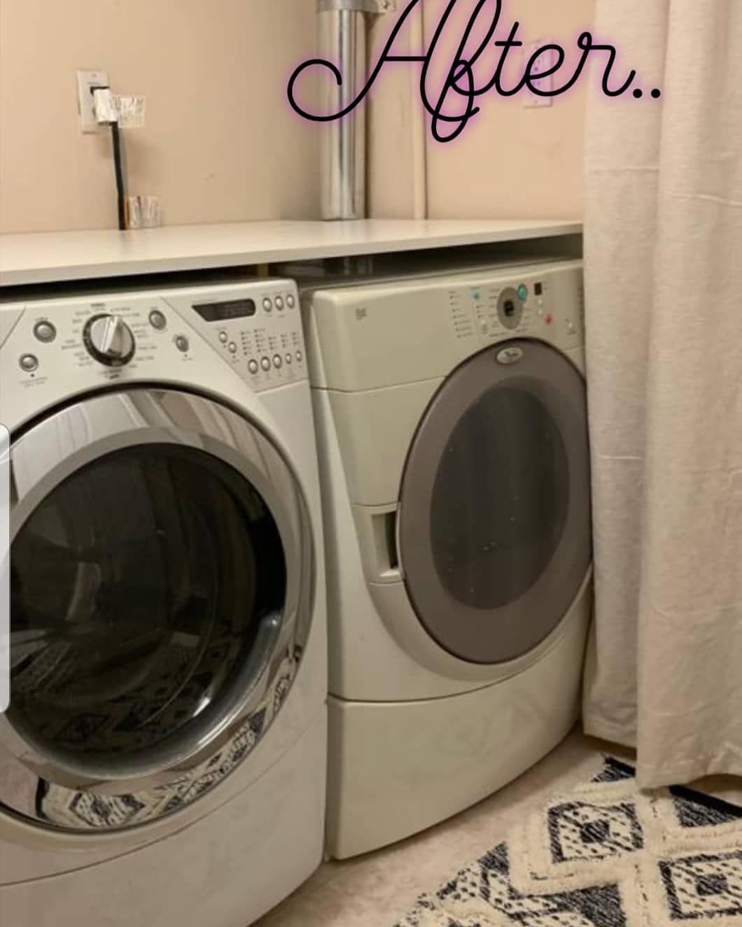 Laundry room with two front-loading washers, one before-and-after styled, and a purple “After” sign above.