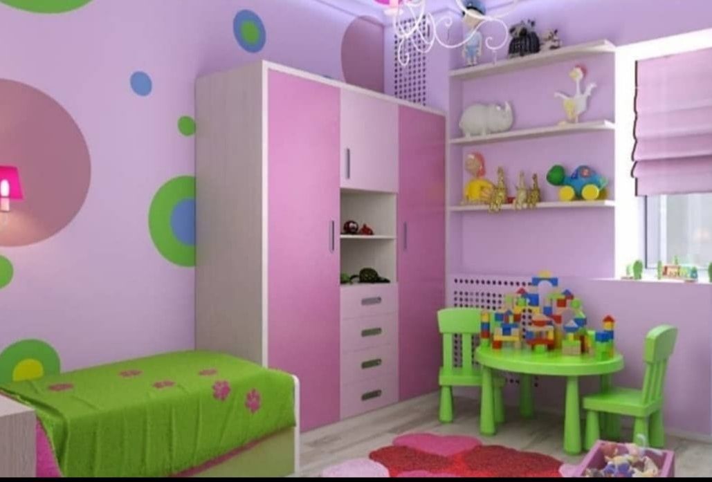 Pink children's bedroom with lime green furniture, polka-dot wall decals, toys, and a window with a pink blind
