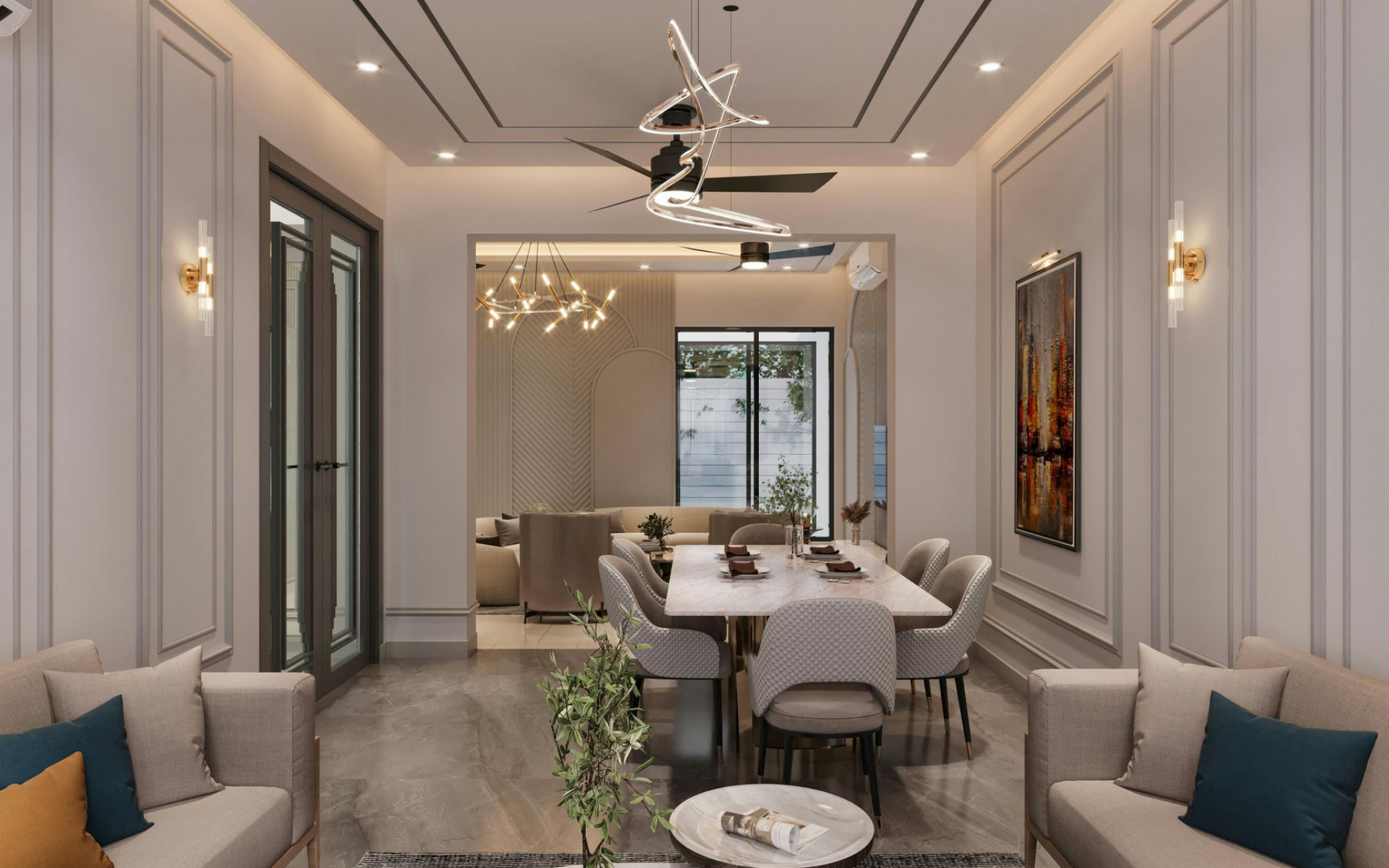 Modern dining room with a long table, chandelier, gray chairs, and floor-to-ceiling windows