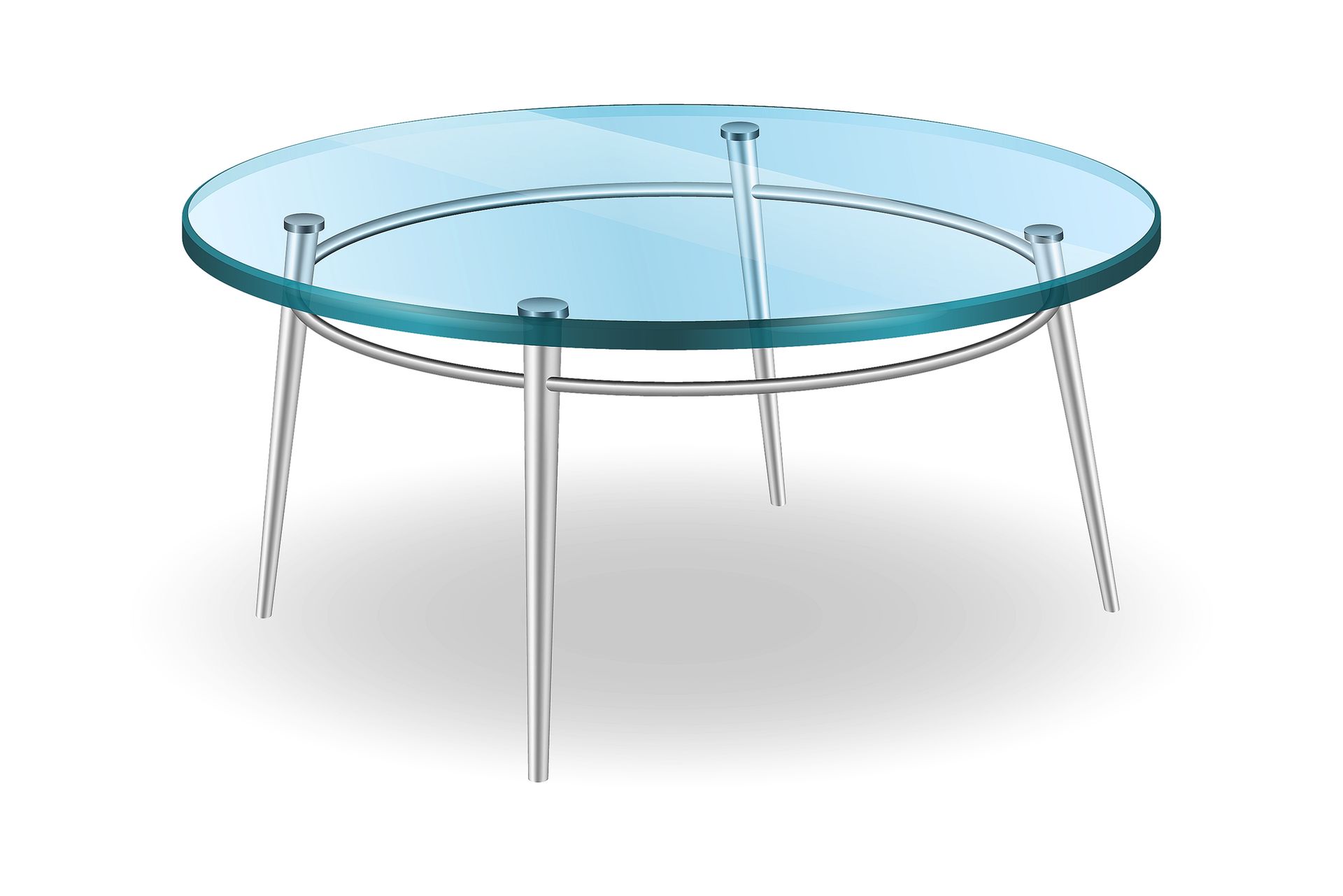 Round glass tabletop with thin metal legs, isolated on white background