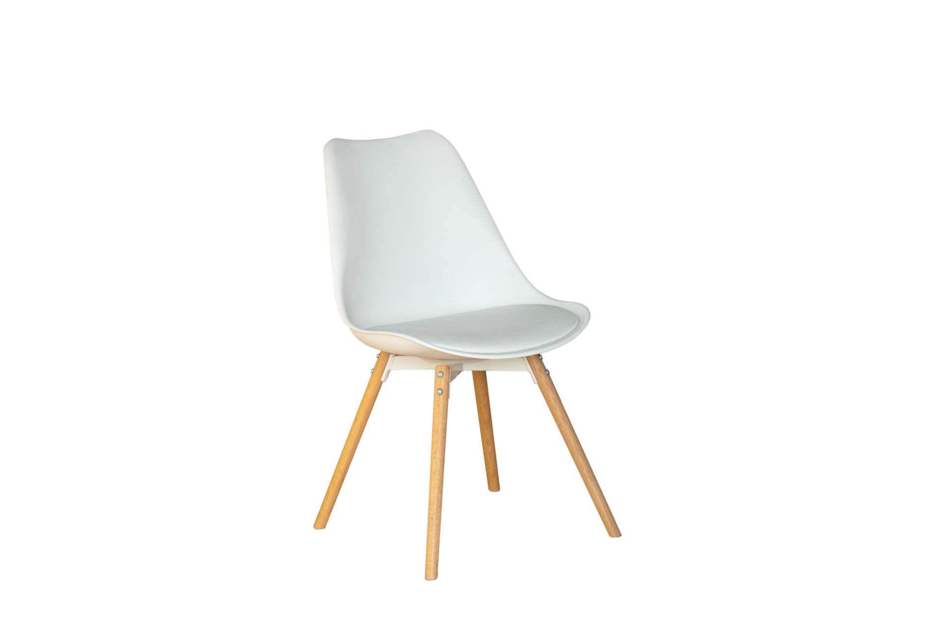 White modern chair with light wood legs on a plain background