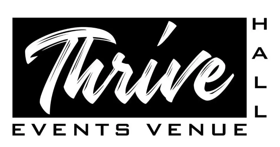 Thrive Events Venue logo in white on a black background with Hall text on the right