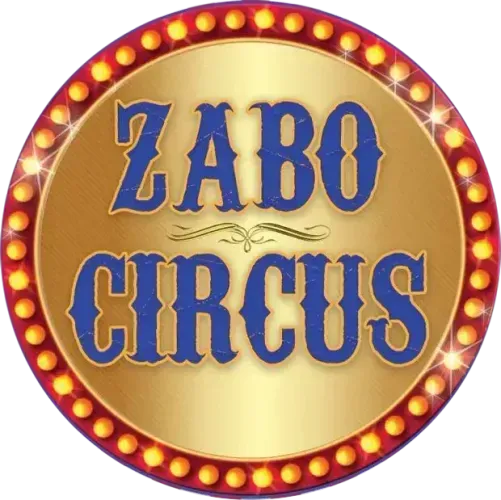 ZABO CIRCUS logo in blue on a gold circular sign with red light bulbs around the edge