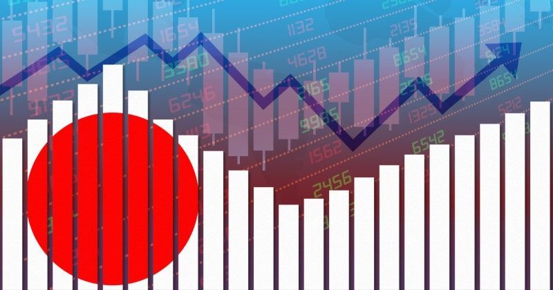 Graph with Japanese flag and fluctuating market arrow.