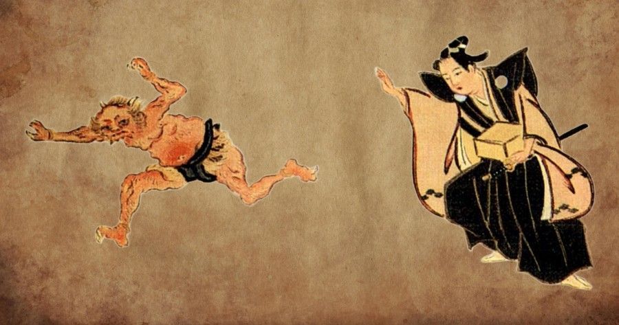 Japanese print: demon fleeing from a robed figure with a box; yellowish background.
