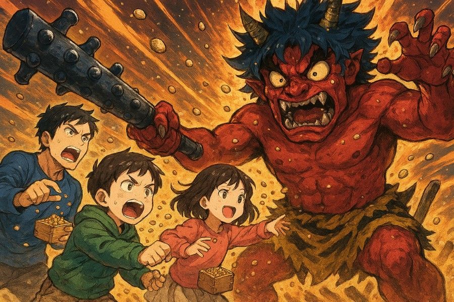 Children throwing soybeans at a red-skinned Oni demon holding a spiked club, surrounded by a fiery background.