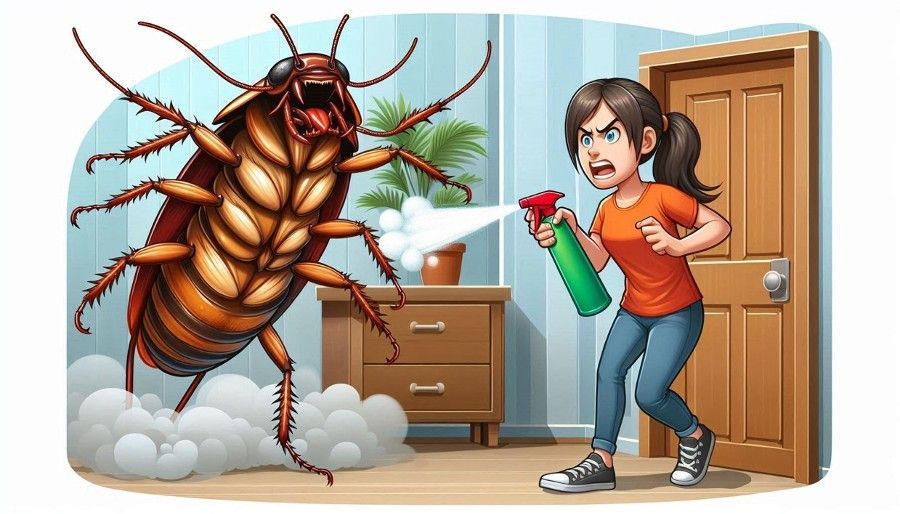 cartoon of girl spraying a cockroach