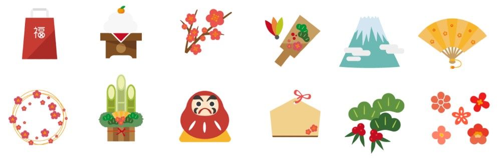 Assortment of New Year's themed illustrations: red envelope, mochi, plum blossoms, haneita, Mt. Fuji, fan, wreath, kadomatsu, Daruma doll.