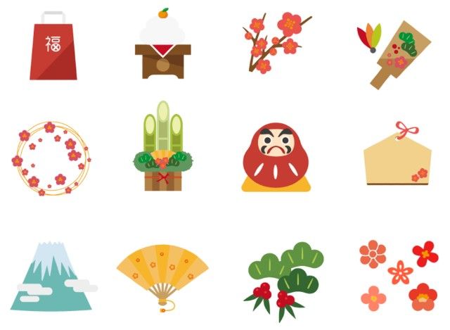 Assortment of New Year's themed illustrations: red envelope, mochi, plum blossoms, haneita, Mt. Fuji, fan, wreath, kadomatsu, Daruma doll.