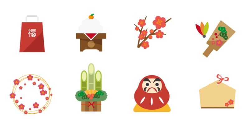 Japanese New Year icons: red gift bag, mochi cake, plum blossoms, battledore, wreath, kadomatsu, Daruma doll, and ema.