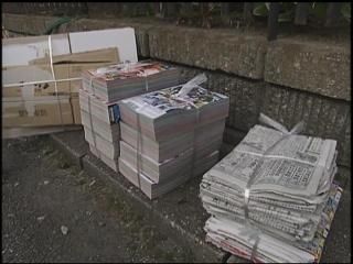 Stacks of newspapers for recycling in Japan